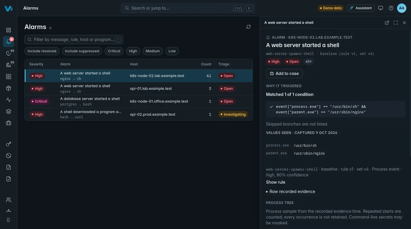 An alarm, 'A web server started a shell', with the condition that matched and the values seen.