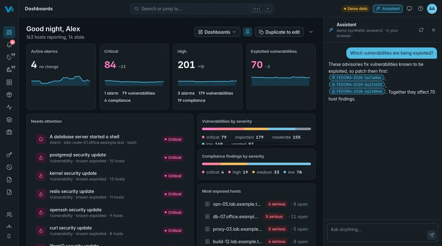 The assistant beside the dashboard, answering 'Which vulnerabilities are being exploited?' with the advisories to patch first.