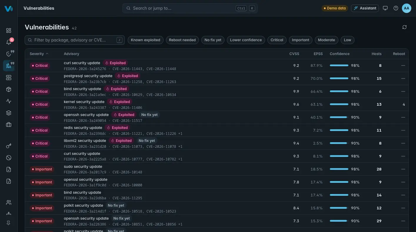 The Vulnerabilities view: security advisories with their severity, CVSS and EPSS scores, known-exploited markers and the number of affected hosts.